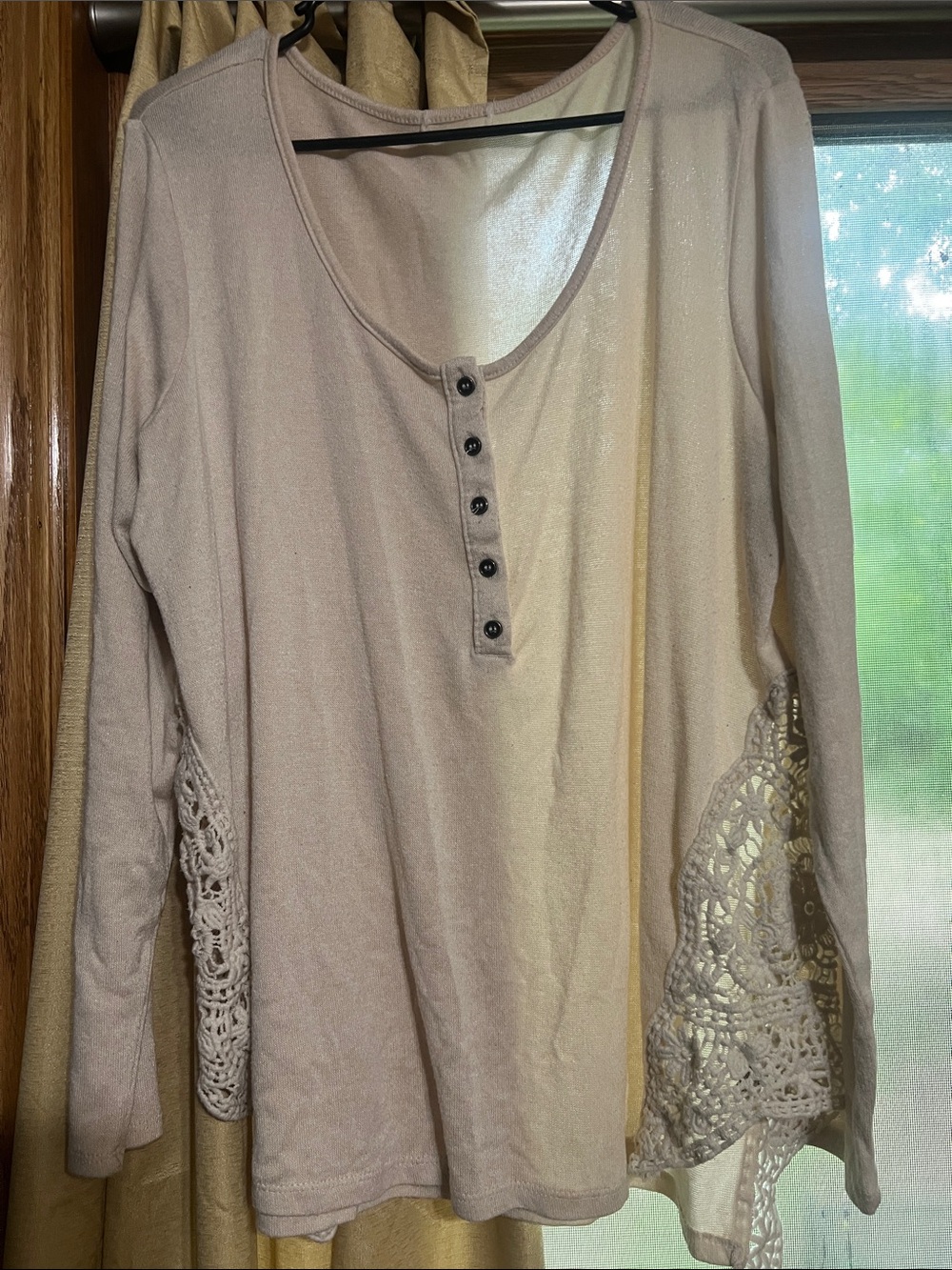 Light Taupe Long-Sleeve Henley with Crochet Side Panels